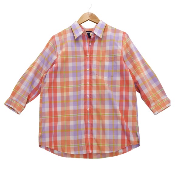 Lands' End Tops - Lands End Women 10P Plaid No Iron Supima‎ Cotton Button Up Shirt Orange Lavender